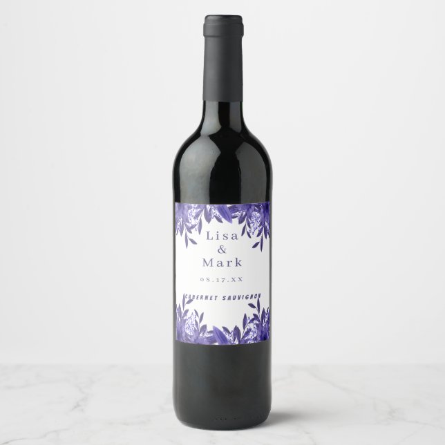 Purple Blue Floral Foliage Wedding Wine Labels (Front)