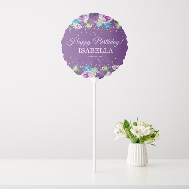 Purple Blue Floral Glitter Happy Birthday Name Balloon (In SItu)