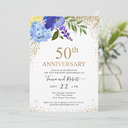 Purple Blue Floral Gold 50th Wedding Anniversary Invitation