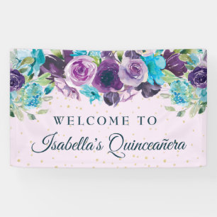 Purple Blue Floral Gold Glitter Quinceañera Banner