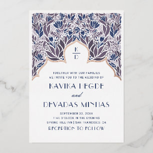Purple blue floral. Gold indian bollywood wedding  Foil Invitation
