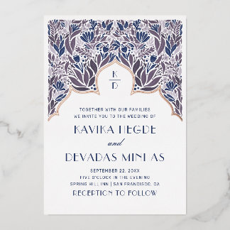 Purple blue floral. Gold indian bollywood wedding  Foil Invitation