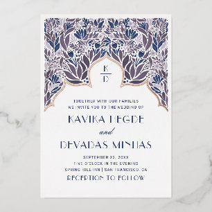 Purple blue floral. Gold indian bollywood wedding Foil Invitation
