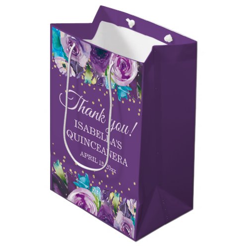 Purple Blue Floral Gold Quinceaera Thank You Name Medium Gift Bag