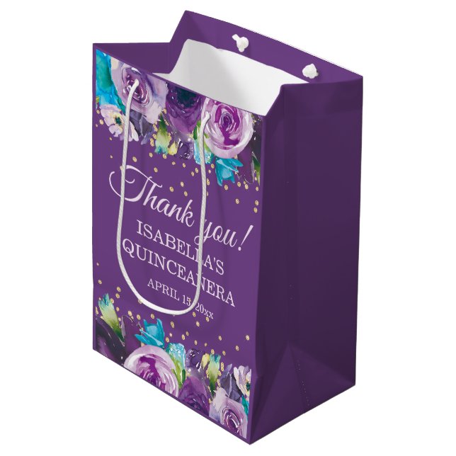 Purple Blue Floral Gold Quinceañera Thank You Name Medium Gift Bag (Front Angled)