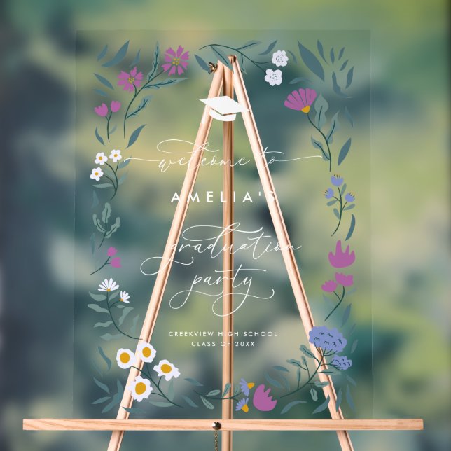Purple Blue Floral Graduation Party Sign (Neutral)