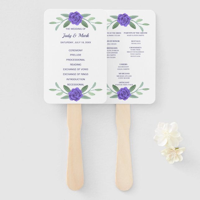 Purple Blue Floral Greenery Foliage Program Hand Fan (Front and Back)