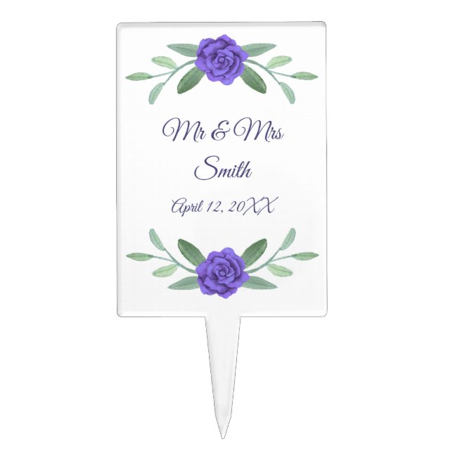 Purple Blue Floral Greenery Foliage Wedding  Cake Topper (Front)