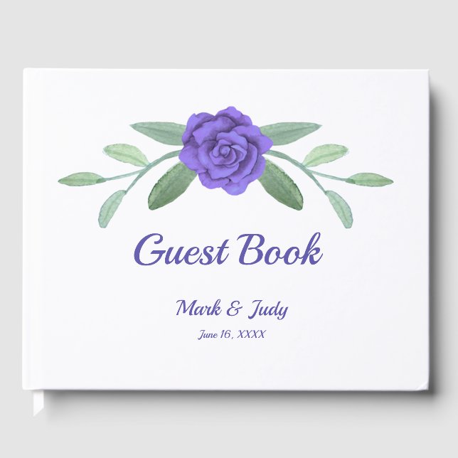Purple Blue Floral Greenery Foliage Wedding Guest Book (Front)