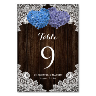 Purple Blue Floral Lace Rustic Wood Table Number