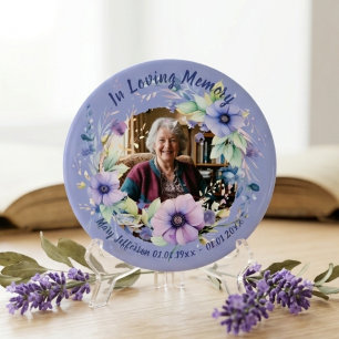 Purple Blue Floral Memorial Remembrance Photo Button