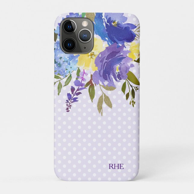 Purple Blue Floral Polka Dot Monogram Case-Mate iPhone Case (Back)