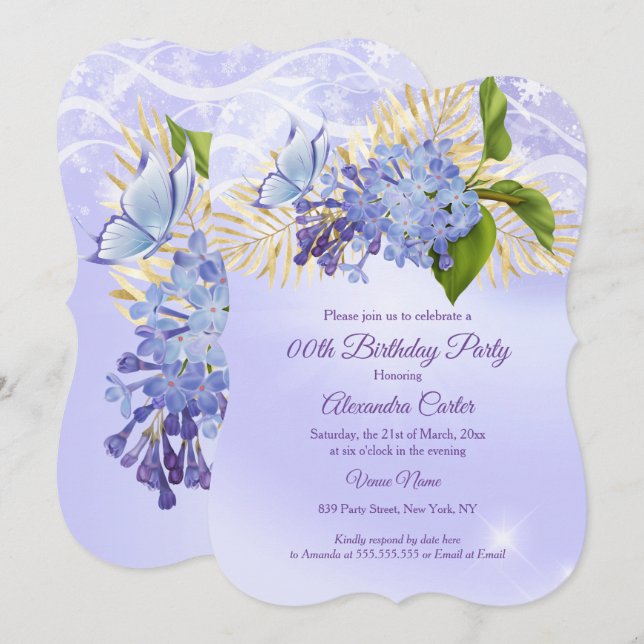 Purple Blue Floral Pretty butterfly Birthday Party Invitation (Front/Back)