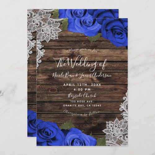 Purple Blue Floral Roses Rustic Wood Lace Wedding Invitation