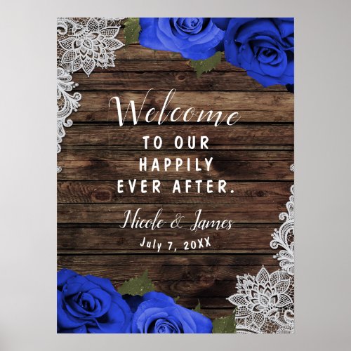 Purple Blue Floral Roses Rustic Wood Lace Wedding Poster