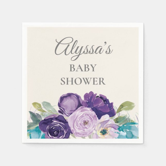 Purple Blue Floral Sage Leaves Baby Shower Napkins (Front)