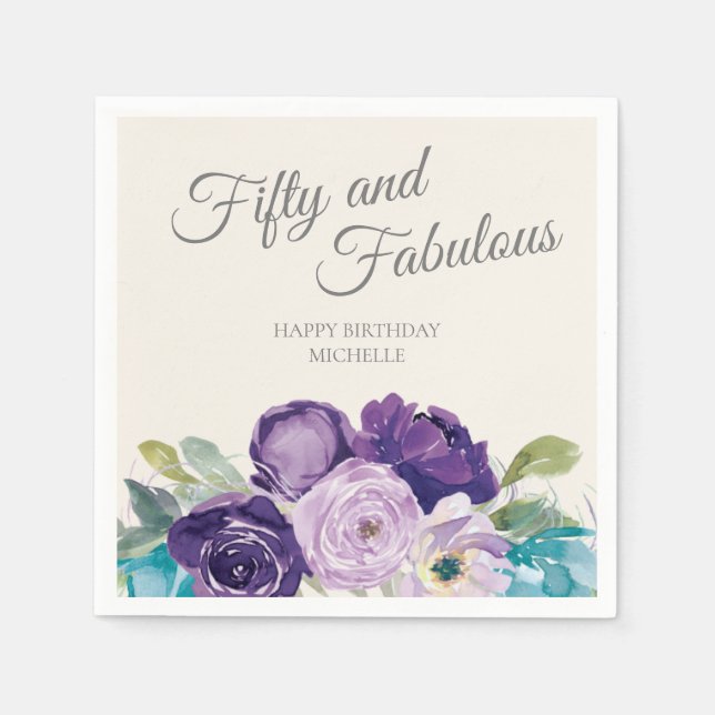 Purple Blue Floral Sage Leaves Fifty Fabulous Napkins (Front)
