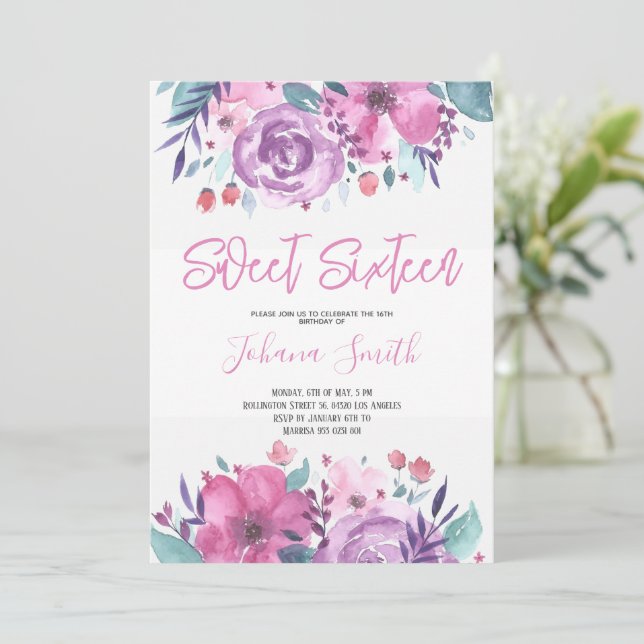 Purple Blue Floral Sixteenth Birthday Invitation (Standing Front)