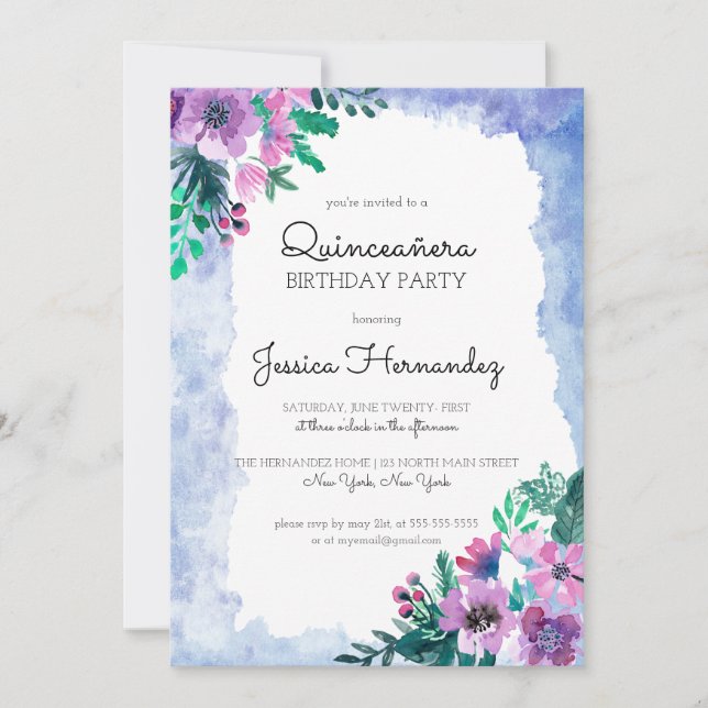 Purple Blue Floral Watercolor Quinceañera Birthday Invitation (Front)