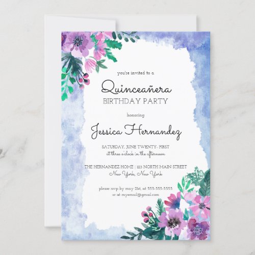 Purple Blue Floral Watercolor Quinceaera Birthday Invitation