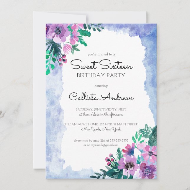Purple Blue Floral Watercolor Sweet 16 Birthday Invitation (Front)
