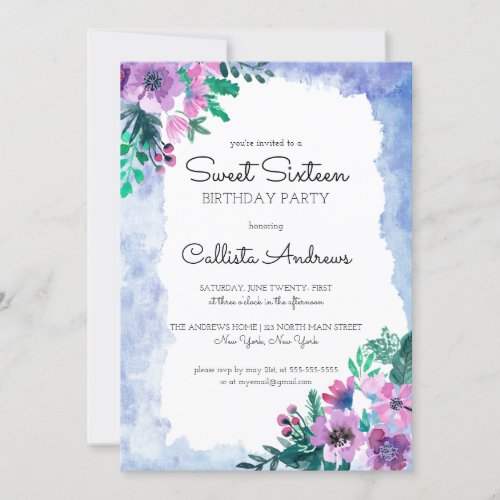 Purple Blue Floral Watercolor Sweet 16 Birthday Invitation