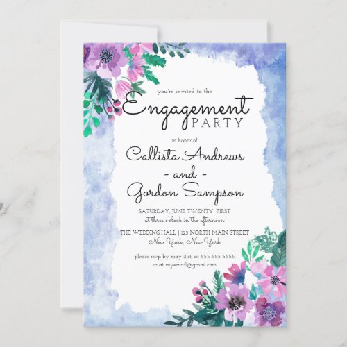 Purple Blue Floral Watercolor Wedding Engagement Invitation