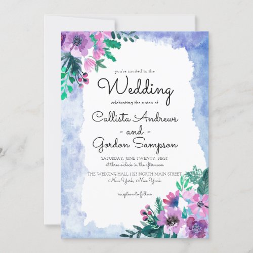 Purple Blue Floral Watercolor Wedding Invitation