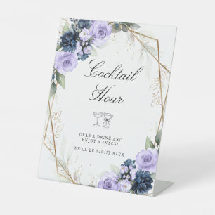 Purple Blue Floral Wedding Cocktail Hour Pedestal Sign