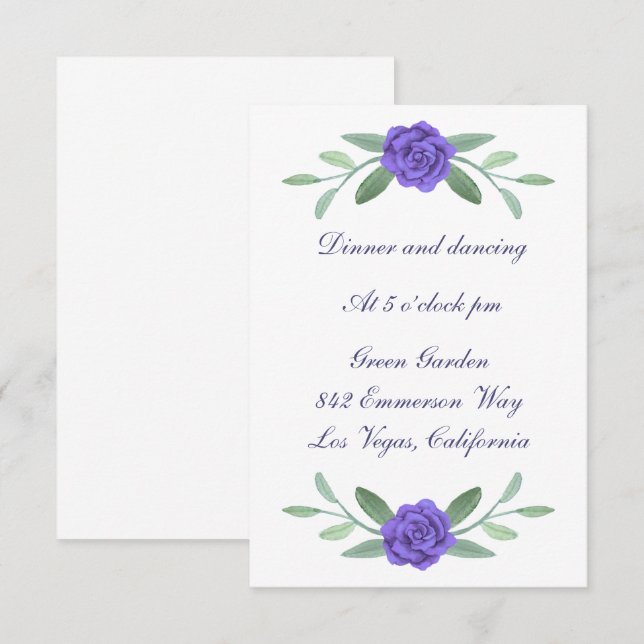 Purple Blue Floral Wedding Reception Card (Front/Back)