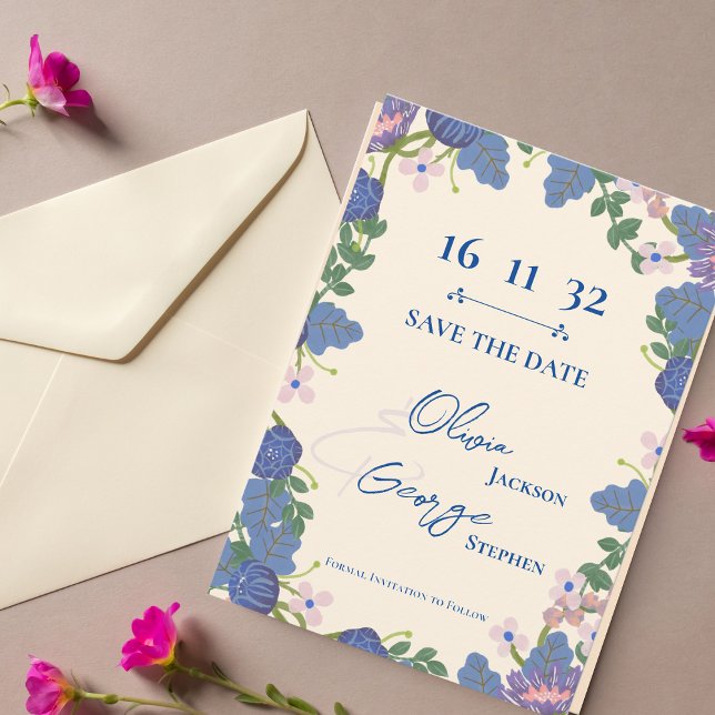 Purple Blue Floral Wedding Save the Date (Purple Blue Floral Romantic Wedding Save the Date)