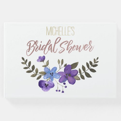 Purple Blue Floral with Name Bridal Shower Guest Book
