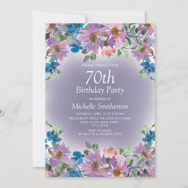 Purple Blue Floral Women's 70th Birthday Party Invitation (Front)