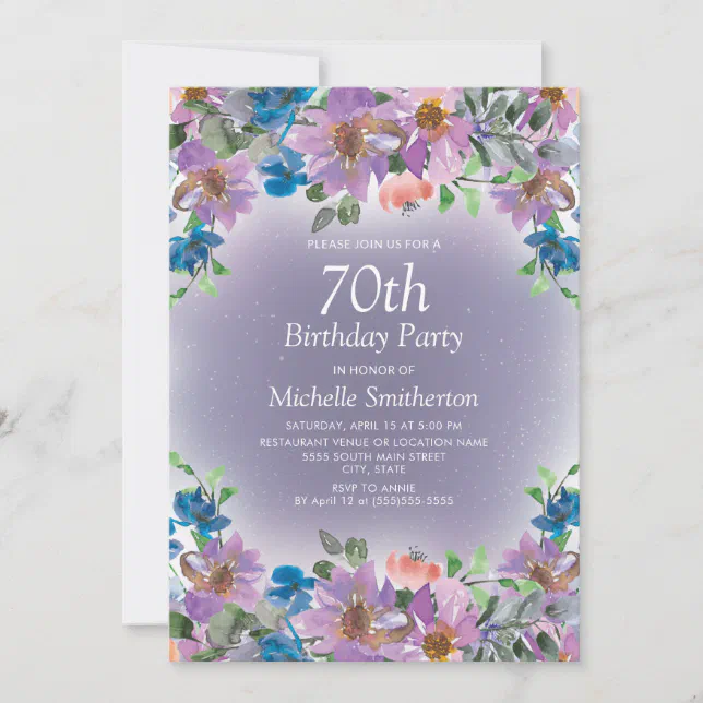 Purple Blue Floral Womens 70th Birthday Party Invitation Zazzle