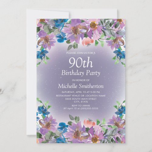 Purple Blue Floral Womens 90th Birthday Invitation