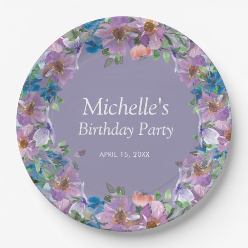 Purple Blue Floral Womens Birthday Party  Paper Plates