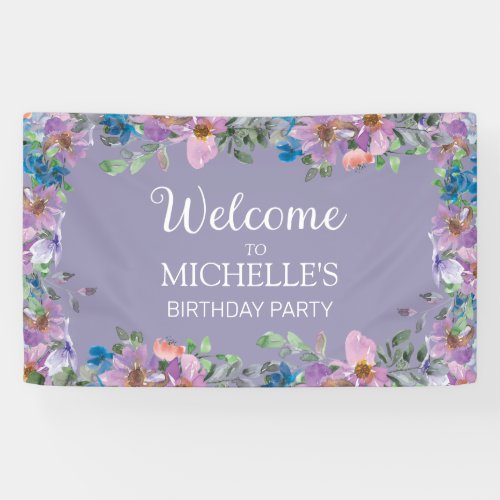 Purple Blue Floral Womens Birthday Party Welcome  Banner