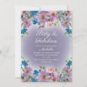 Purple Blue Floral Women's Sixty Fabulous Birthday Invitation