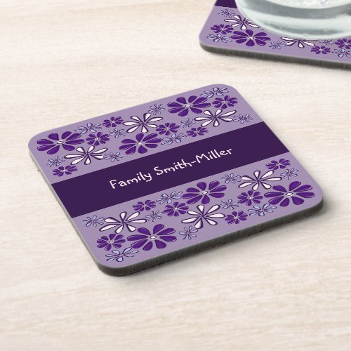 Purple Blue Flower Doodle Family Name Beverage Coaster