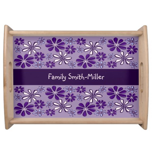 Purple Blue Flower Doodle Family Name Serving Tray