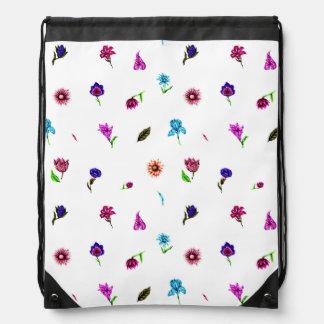 Purple & Blue Flower Print, Modern Floral Print Drawstring Bag