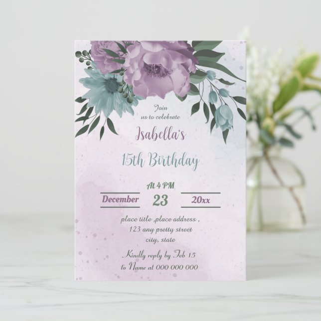 purple blue flowers botanical birthday invitation (Standing Front)