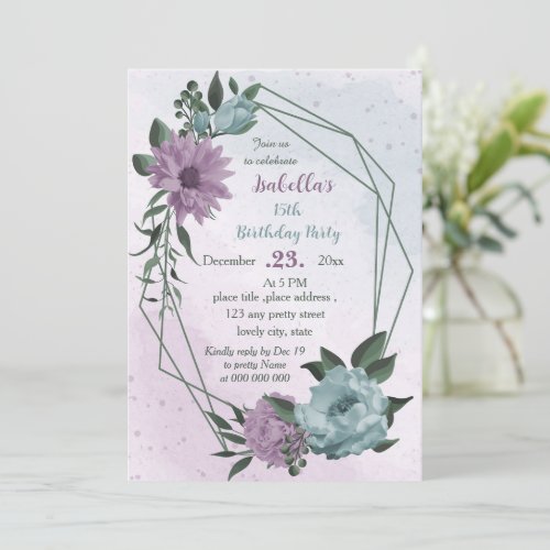 purple blue flowers botanical birthday  invitation