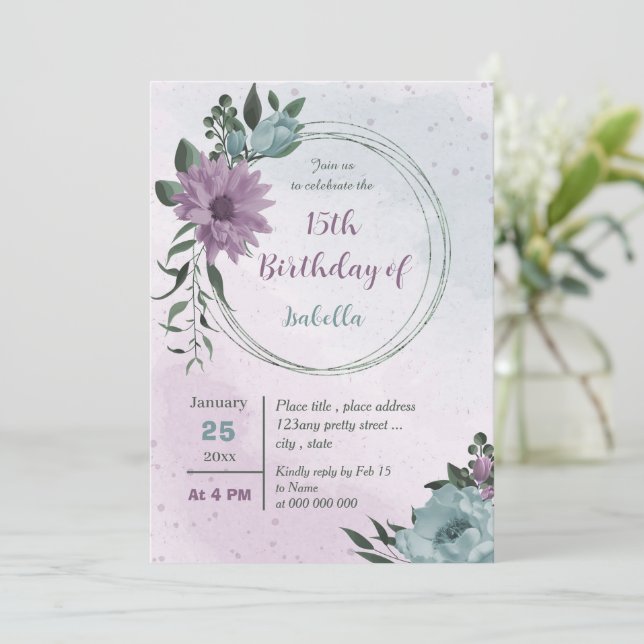 purple blue flowers botanical birthday  invitation (Standing Front)