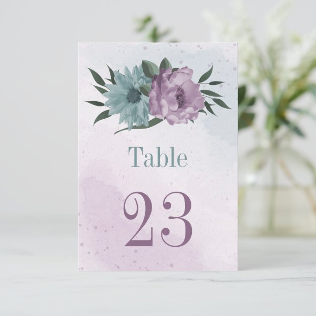 purple blue flowers botanical table number card (Standing Front)