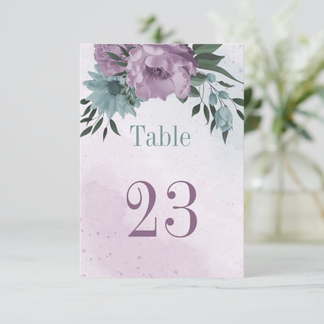 purple blue flowers botanical table number card (Standing Front)