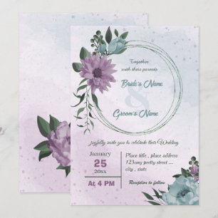 purple blue flowers botanical wedding invitation