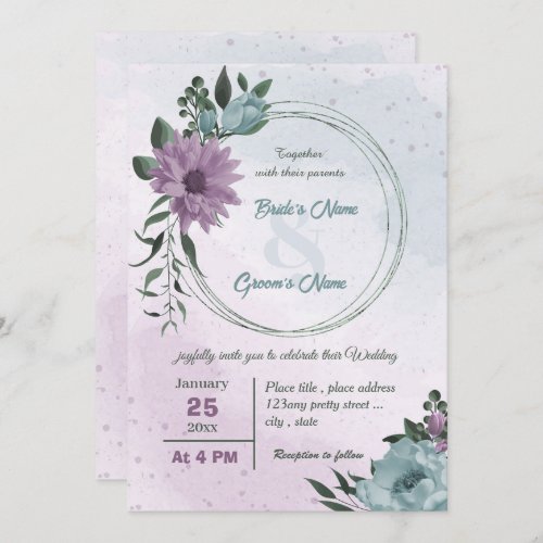 purple blue flowers botanical wedding invitation