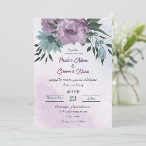 purple blue flowers botanical wedding invitation