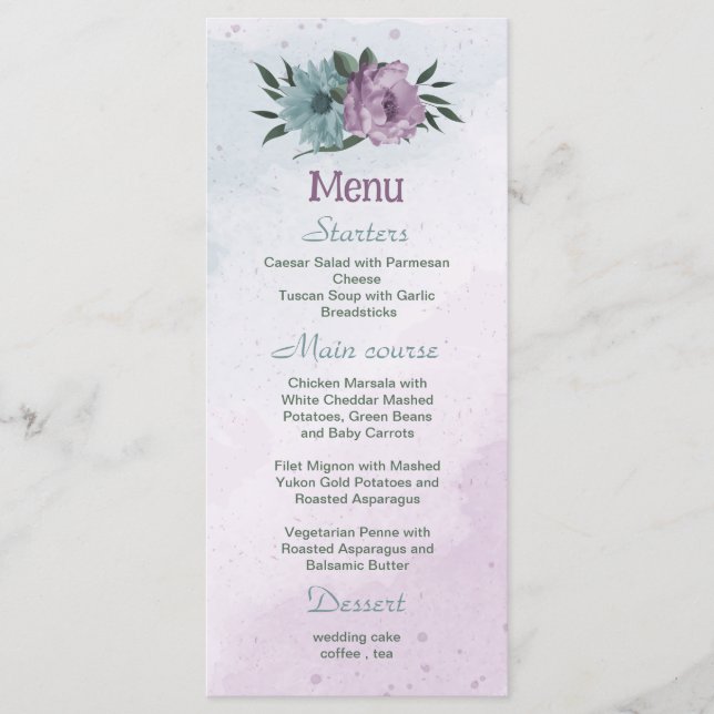 purple blue flowers botanical wedding menu (Front)